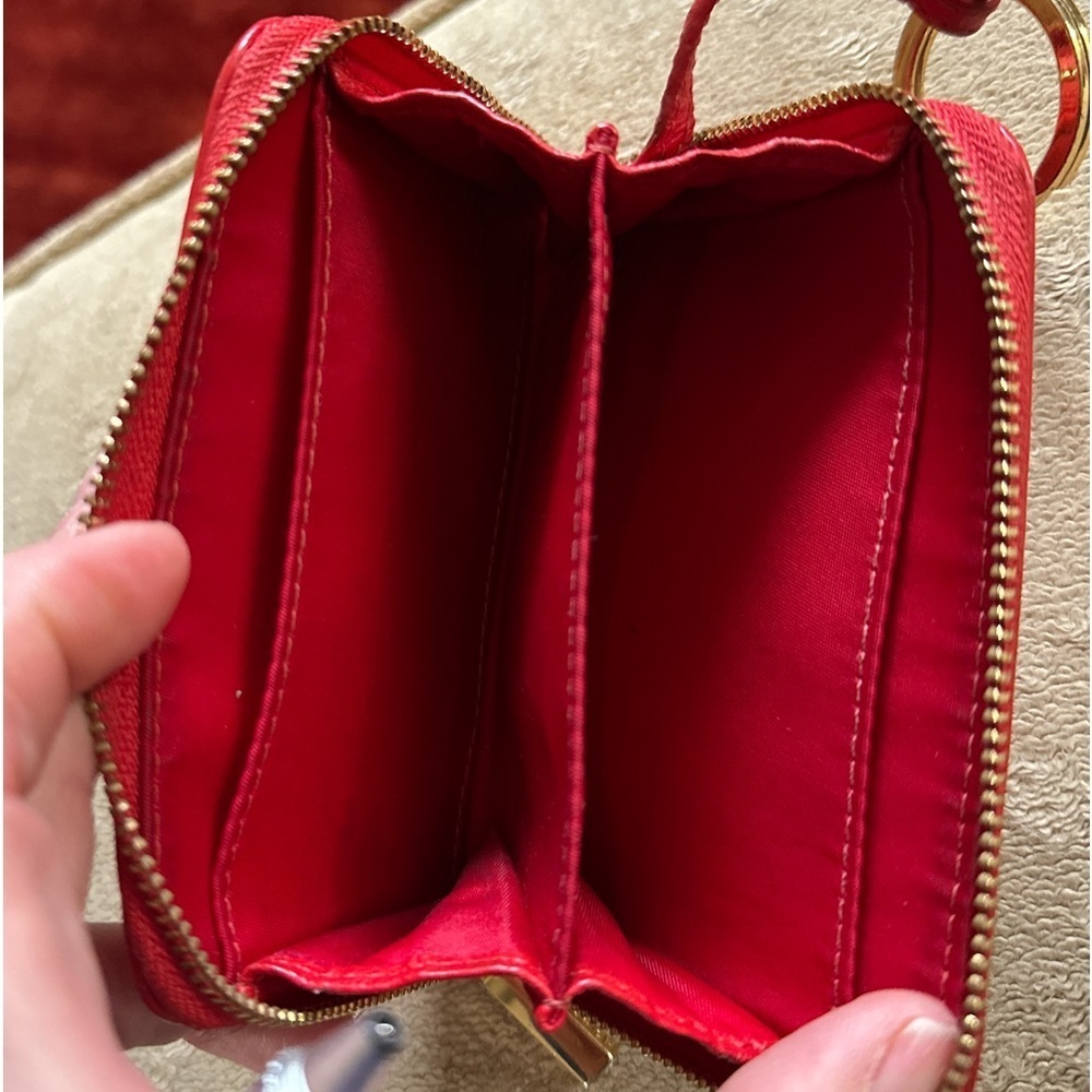 Tory Burch red zip around card coin paper holder with gold hardware key ring - Picture 3 of 11